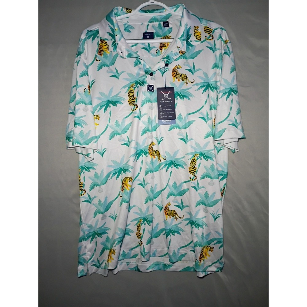 NWT ConStruct Polo Men XL White Aqua Floral Tiger Golf Performance Stretch Blend